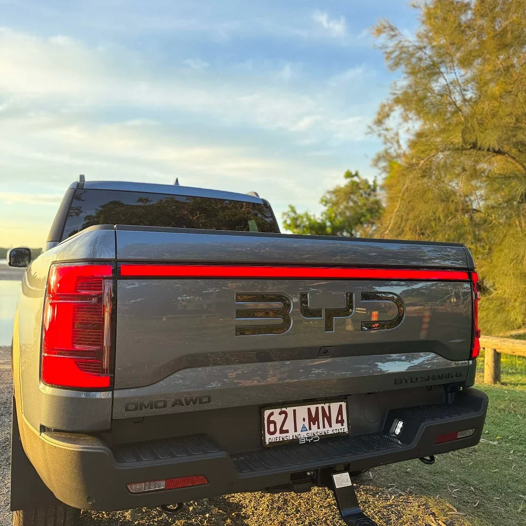 Rear view of a grey BYD Shark pickup truck parked outdoors near water under a clear sky.