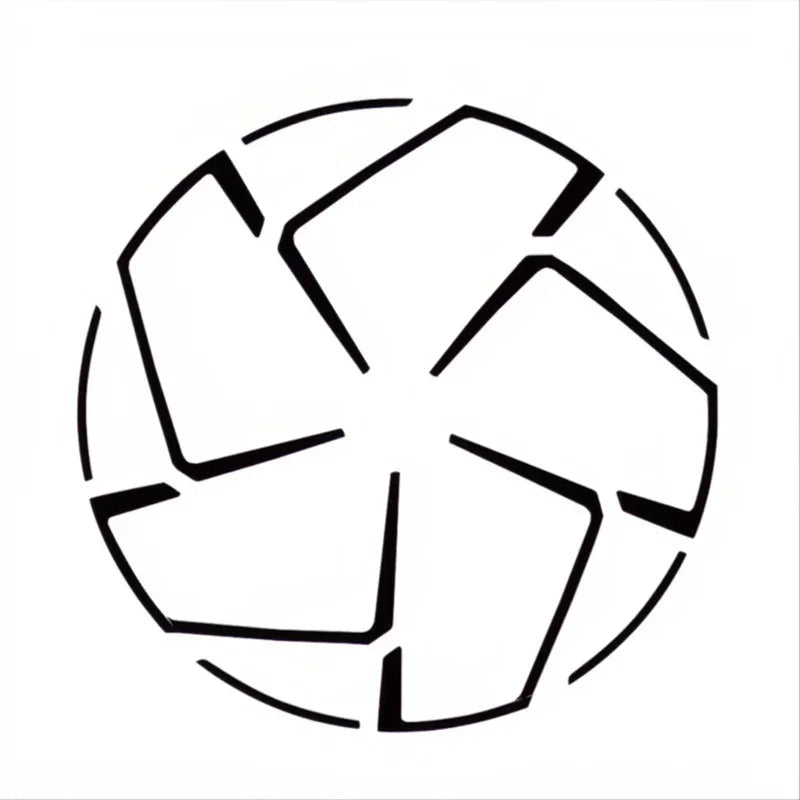 Black and white geometric circular logo with interlocking abstract shapes.