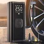 Portable black digital tire inflator with LED display and multiple nozzle attachments.