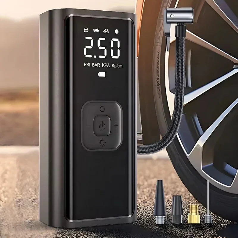 Portable black digital tire inflator with LED display and multiple nozzle attachments.