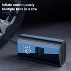 Portable black digital tire inflator with LED display connected to a car tire via braided hose.