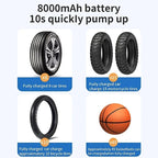 Portable 8000mAh battery air pump for car, motorcycle, bicycle, and basketball inflation.