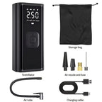 Portable black digital tire inflator kit with LCD display, air nozzles, storage bag, and USB cable.