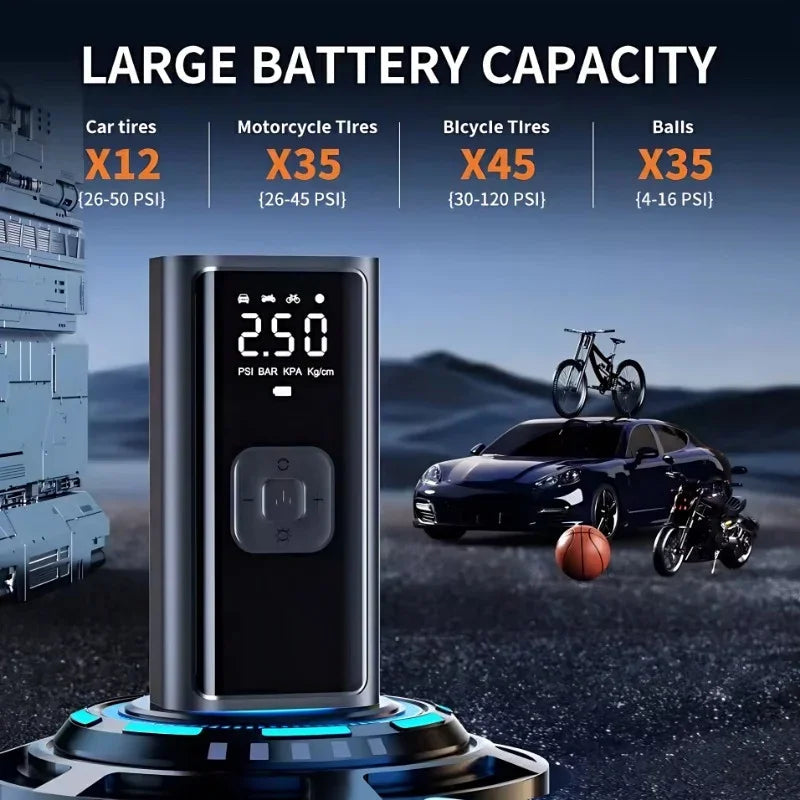 Portable digital air pump with large battery capacity for car, motorcycle, bicycle, and balls.