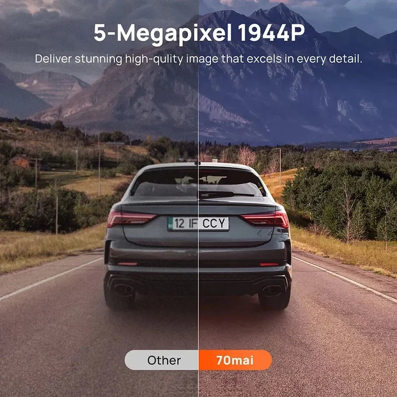 Comparison of a grey car's rear view showing 70mai 5-Megapixel 1944P dash cam image quality.