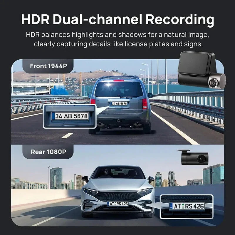 Black HDR dual-channel dash cam showing 1944P front and 1080P rear recording quality.