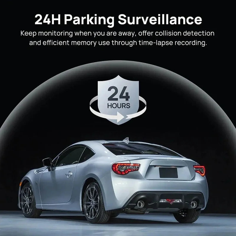 Silver coupe car with 24H parking surveillance shield icon for collision detection.