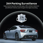 Silver coupe car with 24H parking surveillance shield icon for collision detection.