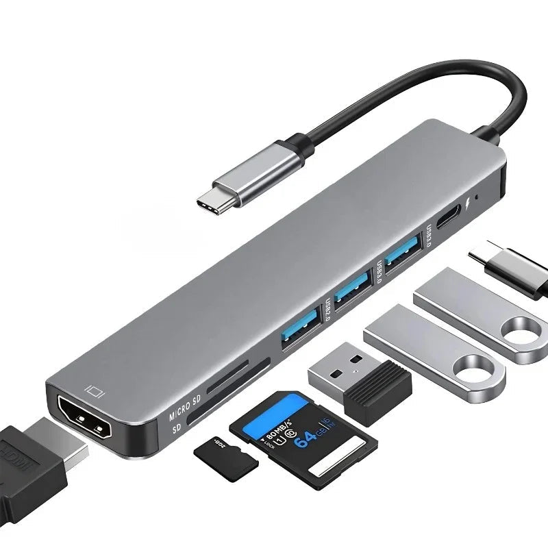 Professional silver aluminum USB-C hub with multiple ports, SD card slots and memory cards.