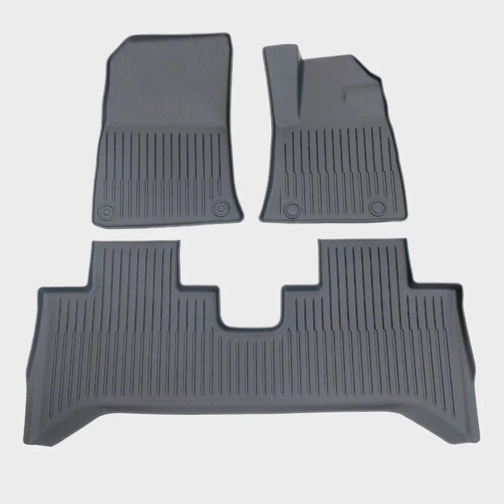 Custom-fit grey TPE waterproof car floor mats with anti-slip ribbed texture for BYD protection.