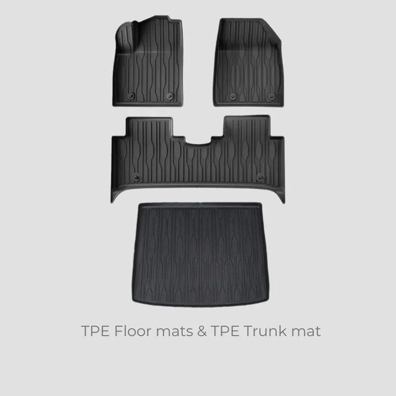 Black TPE waterproof floor mats and trunk mat set for custom car protection.