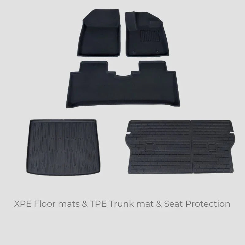 Black XPE floor mats and TPE trunk mat set for durable car interior protection.