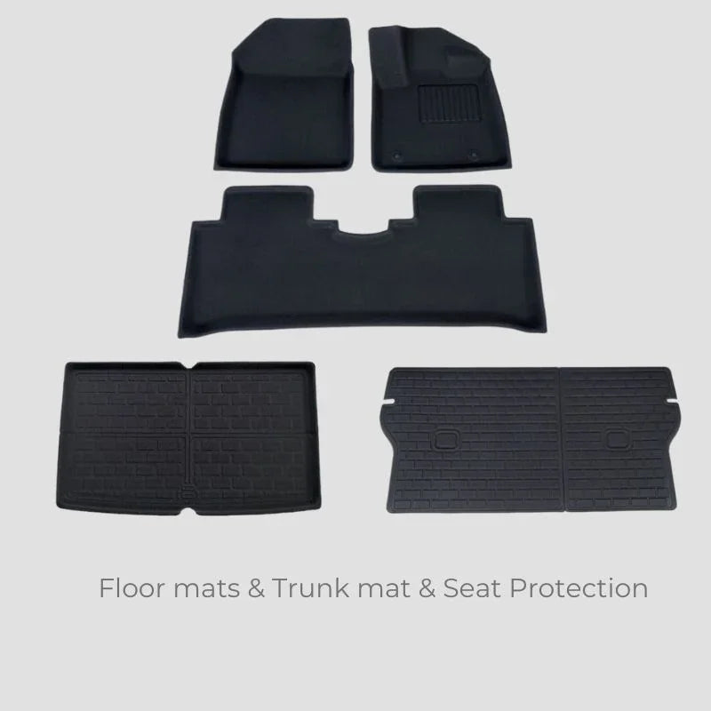 Black heavy-duty car floor mats and waterproof trunk mat set for complete interior protection.