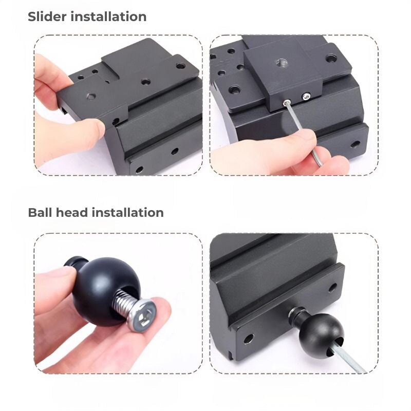 Installation steps for a matte black metal slider and ball head mounting bracket.