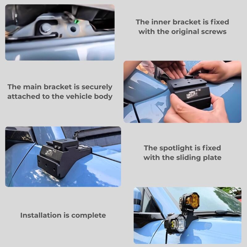 Step-by-step installation of a black metal spotlight bracket for a blue BYD vehicle.