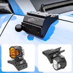 Black heavy-duty metal bumper mount with ball hitch and adjustable LED auxiliary lights.