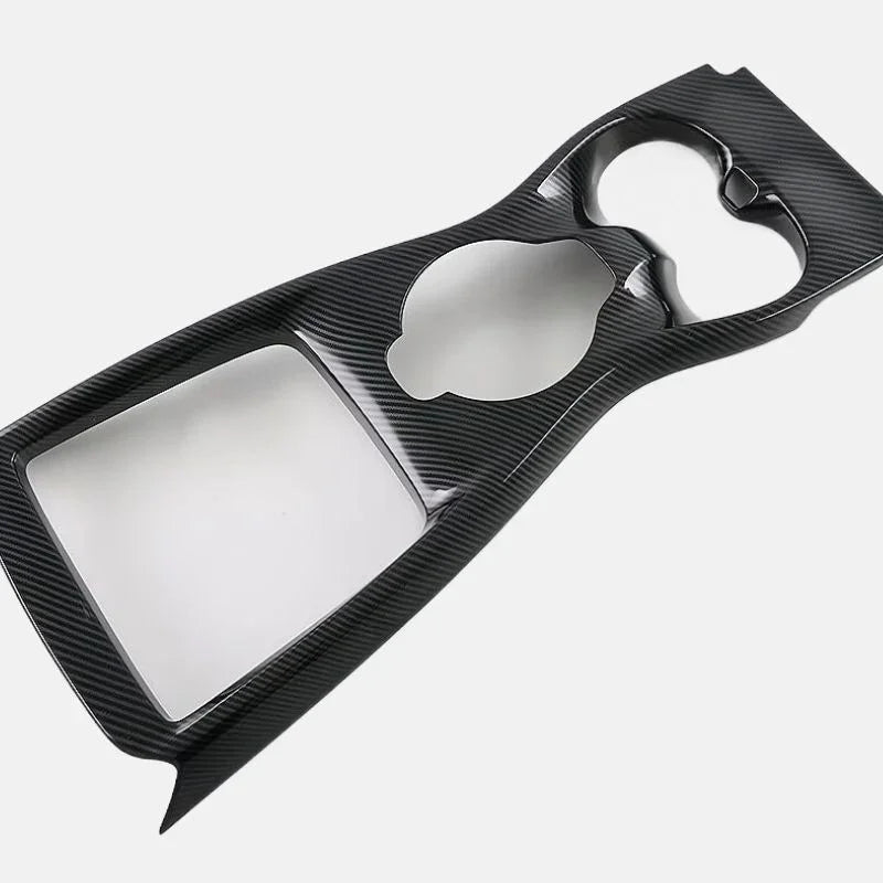 Black carbon fiber texture center console trim panel for BYD interior enhancement.