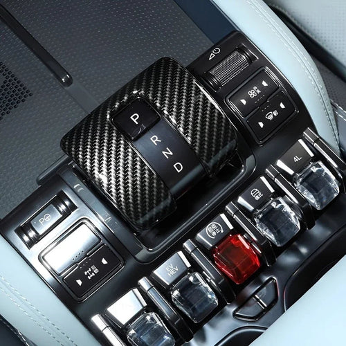 Carbon fiber gear shift cover for BYD car interior in glossy black weave finish
