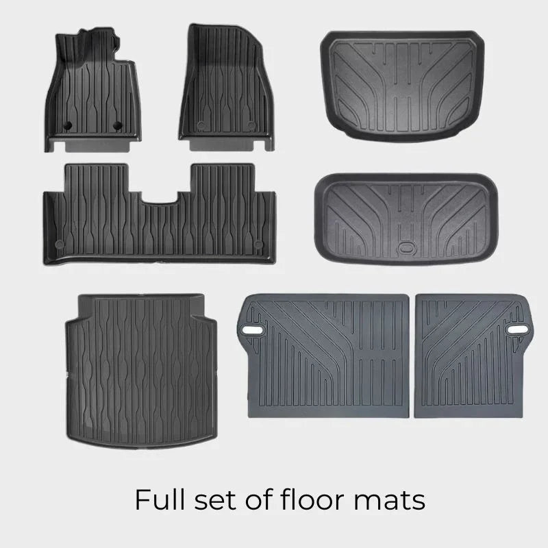 Full set of durable black all-weather rubber floor mats for car interior protection