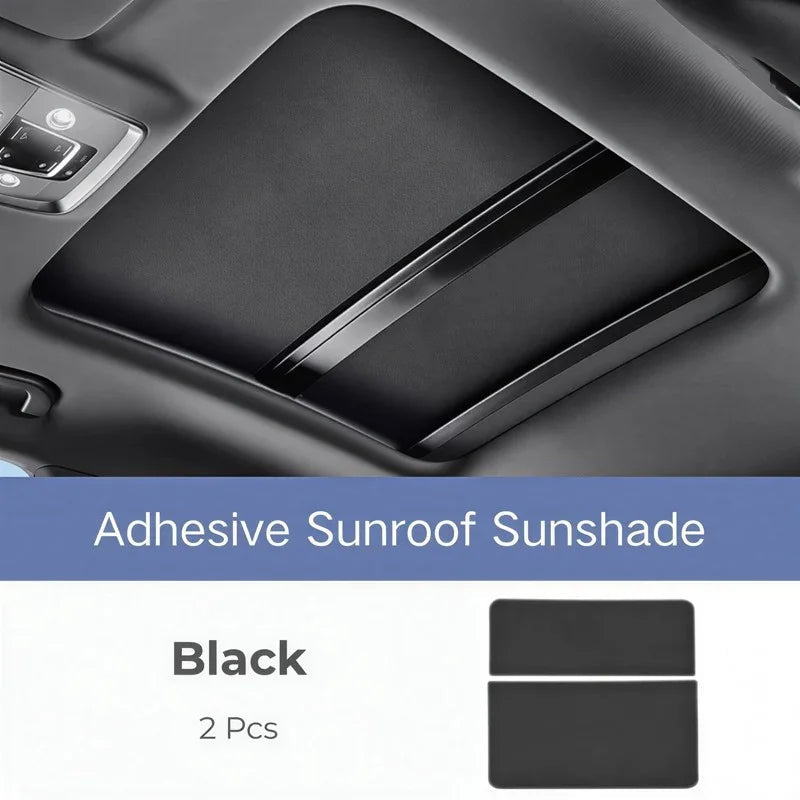 Two-piece black leather-textured adhesive sunroof sunshade for car interior protection.
