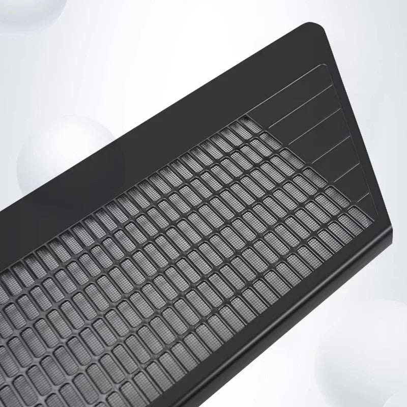 Black high-density mesh cabin air filter made of durable composite material.