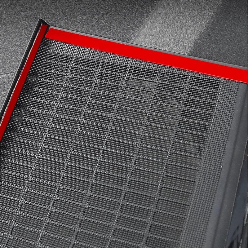 Red-edged black mesh protective screen for BYD vehicle interior components.
