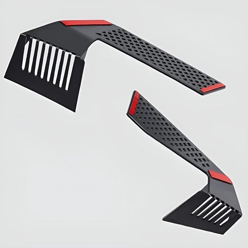 Two matte black plastic car accessories with red accents and perforated textures.
