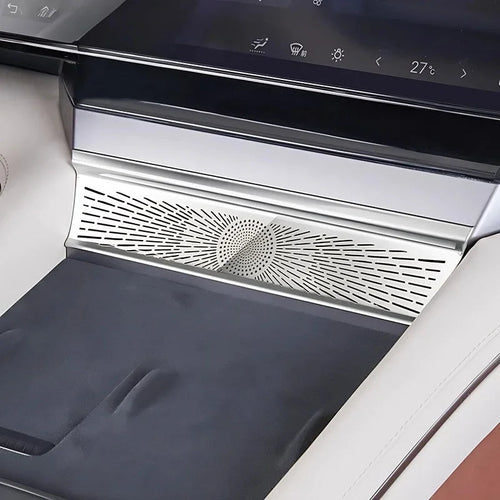 Silver metallic patterned trim accessory for BYD car interior console.