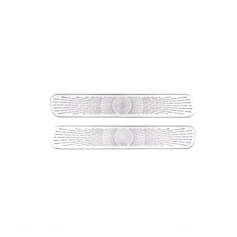 Two silver metallic sunburst pattern door sill protectors for BYD vehicle protection.