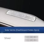 Silver aluminum alloy decorative side vents for car dashboard with sunburst pattern.