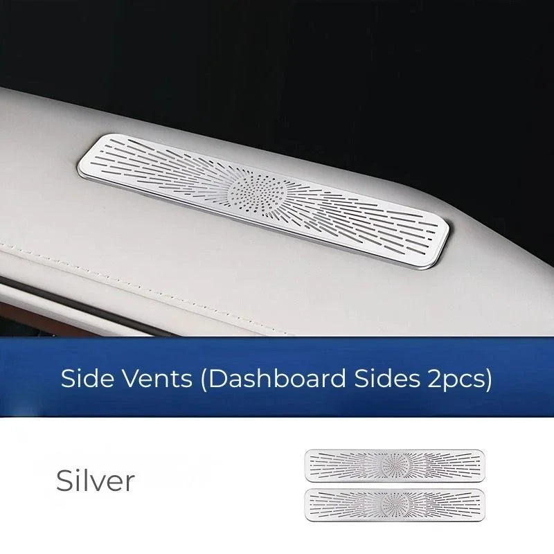 Silver aluminum alloy decorative side vents for car dashboard with sunburst pattern.