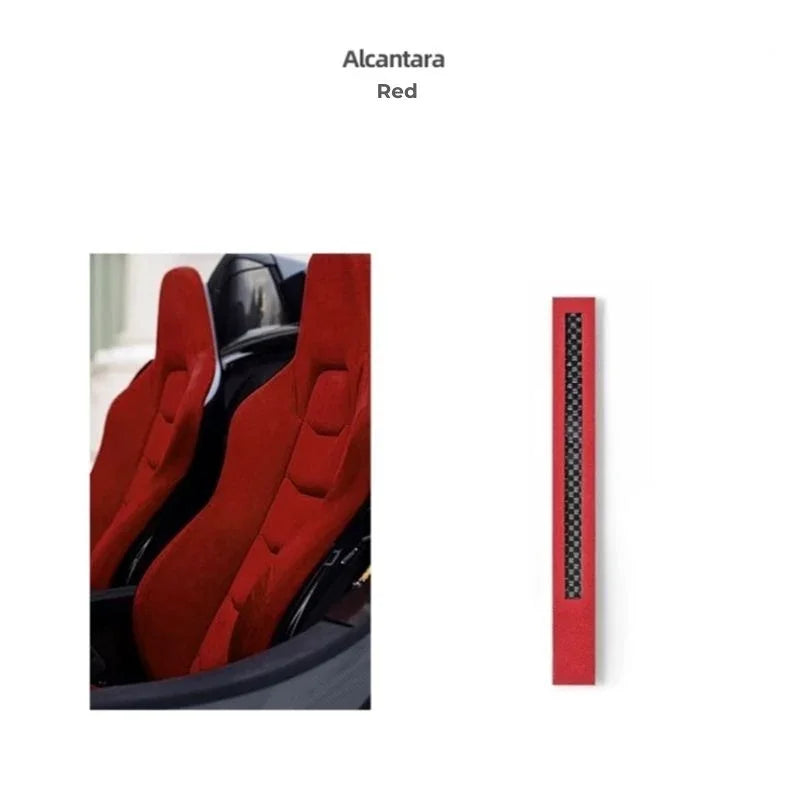 Red Alcantara premium car seat covers featuring a soft suede texture and ergonomic design.