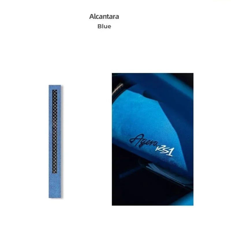Premium blue Alcantara material swatch featuring a textured finish and elegant Agera R51 embroidery.