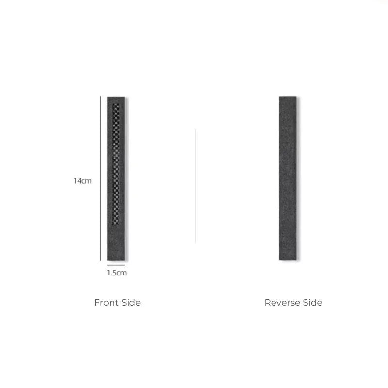 Front and reverse views of a grey textured automotive accessory strip, 14cm x 1.5cm.