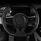 Black leather and suede steering wheel with premium stitching for BYD interior protection.
