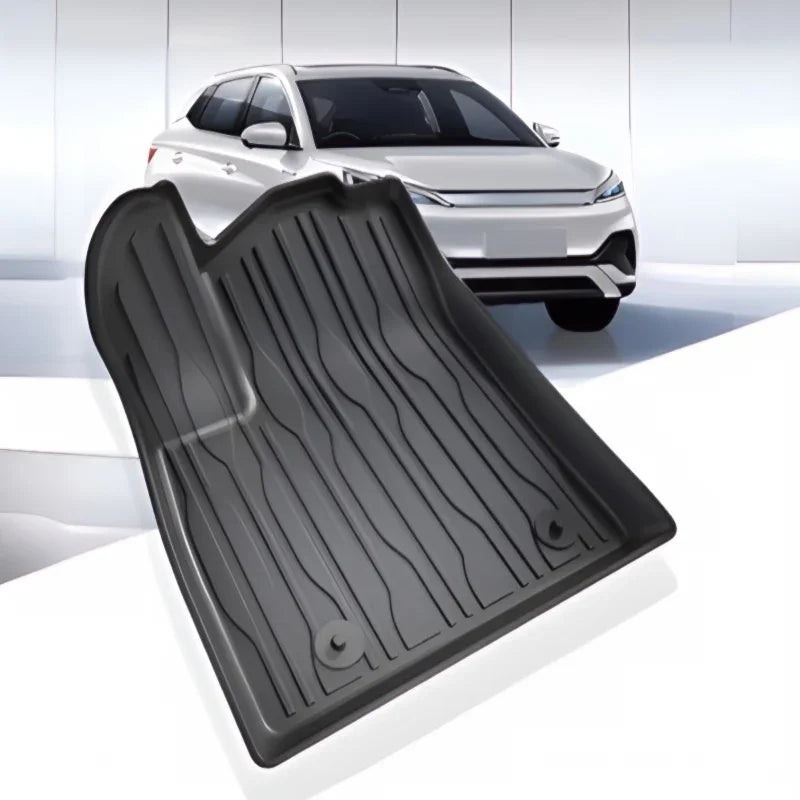 Durable black TPE waterproof car trunk mat with anti-slip textured ridges for BYD models.