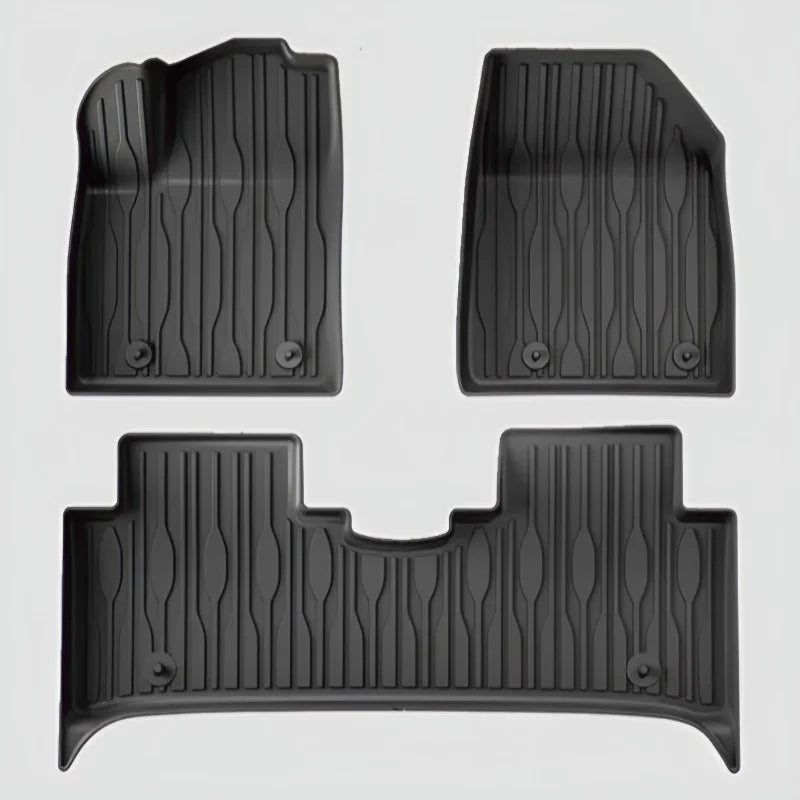 Black heavy-duty TPE car floor mats set with anti-slip ribbed texture for custom fit protection.