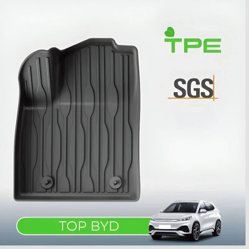 Custom-fit black TPE car floor mat with anti-slip texture and SGS certified durable material.