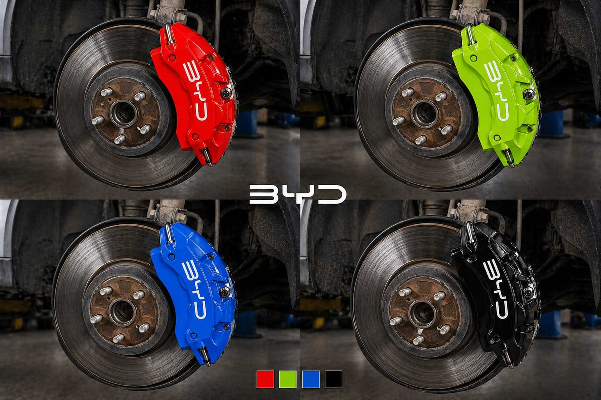Four views of a car's brake system with red, green, blue, and black calipers for byd atto 3