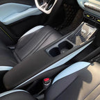 Custom black and light blue leather car seat covers with carbon fiber center console trim