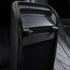 Black premium leatherette seat back organizer with multiple storage compartments for car interior.