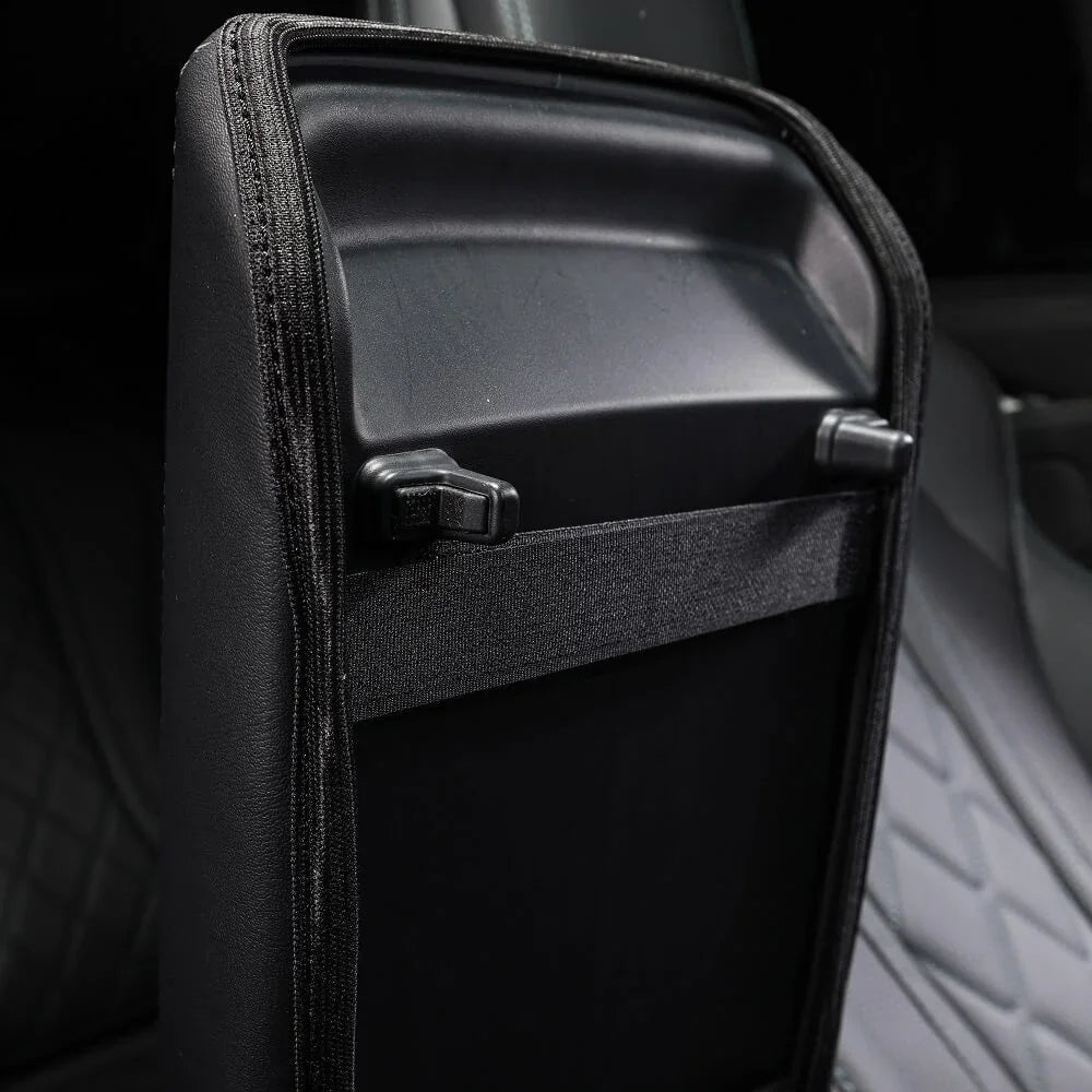 Black premium leatherette seat back organizer with multiple storage compartments for car interior.