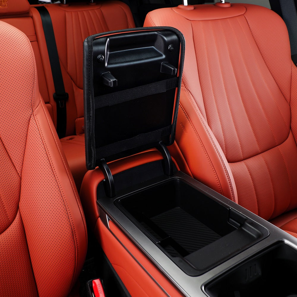 Black premium leather center console armrest storage box for BYD interior protection.