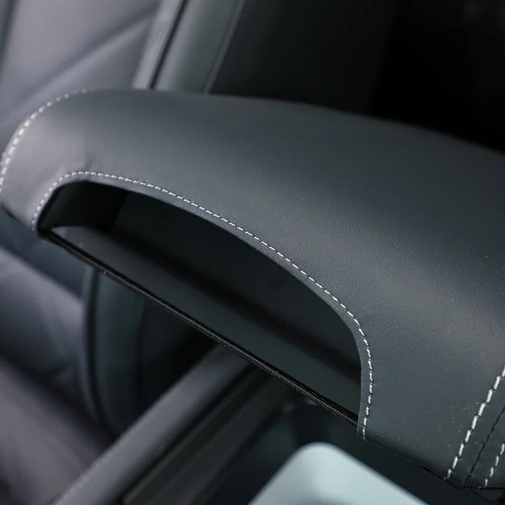 Black leather center console armrest cover with white stitching for BYD vehicle protection
