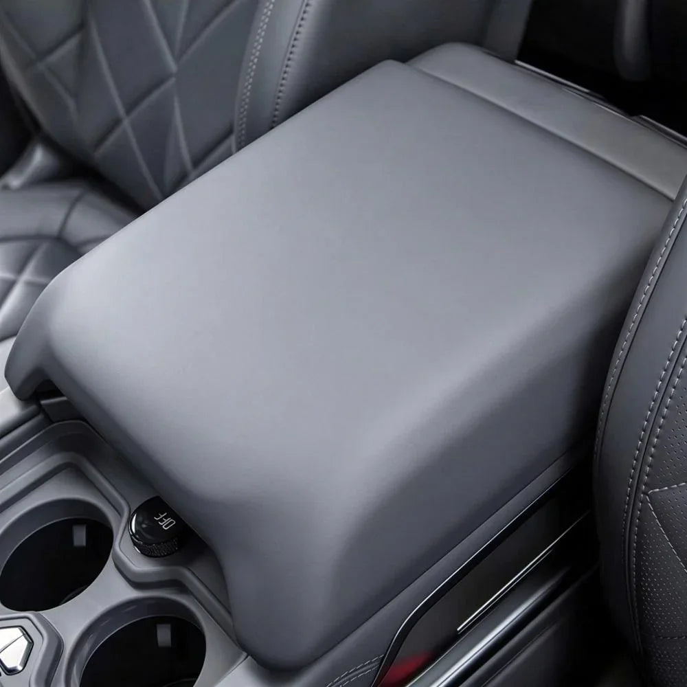Premium grey leather center console armrest cover for enhanced interior comfort and protection.