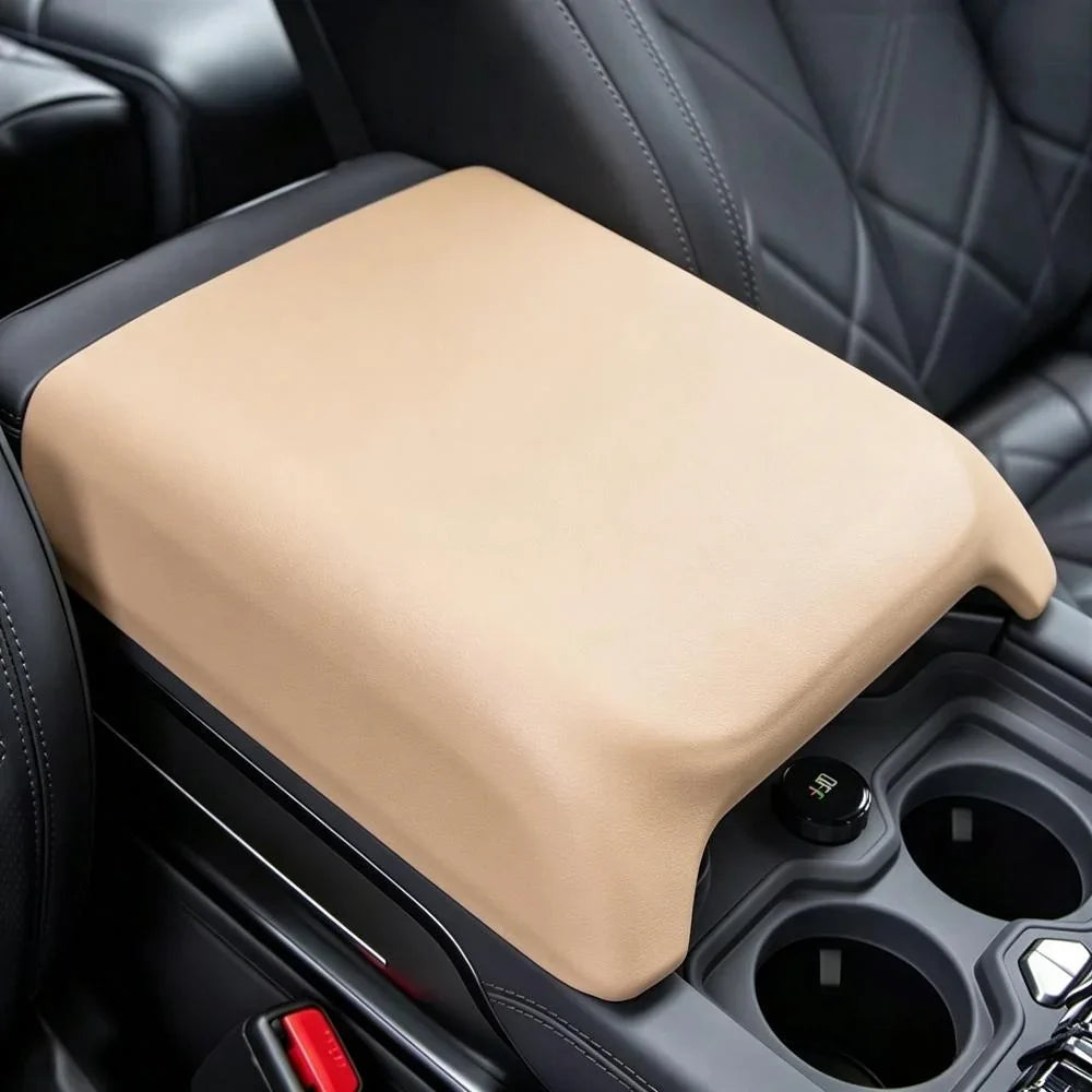 Beige premium PU leather center console armrest cover for BYD car interior protection.