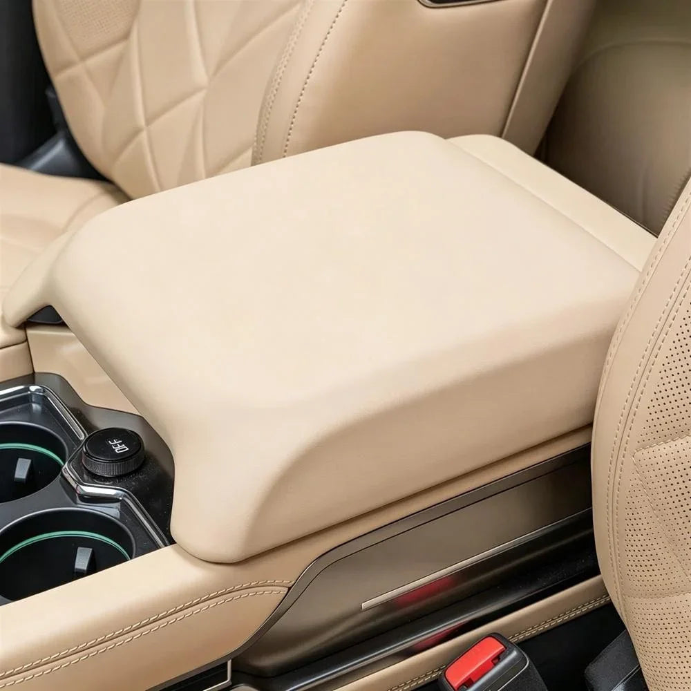 Premium beige leather center console armrest cover for BYD interior protection.
