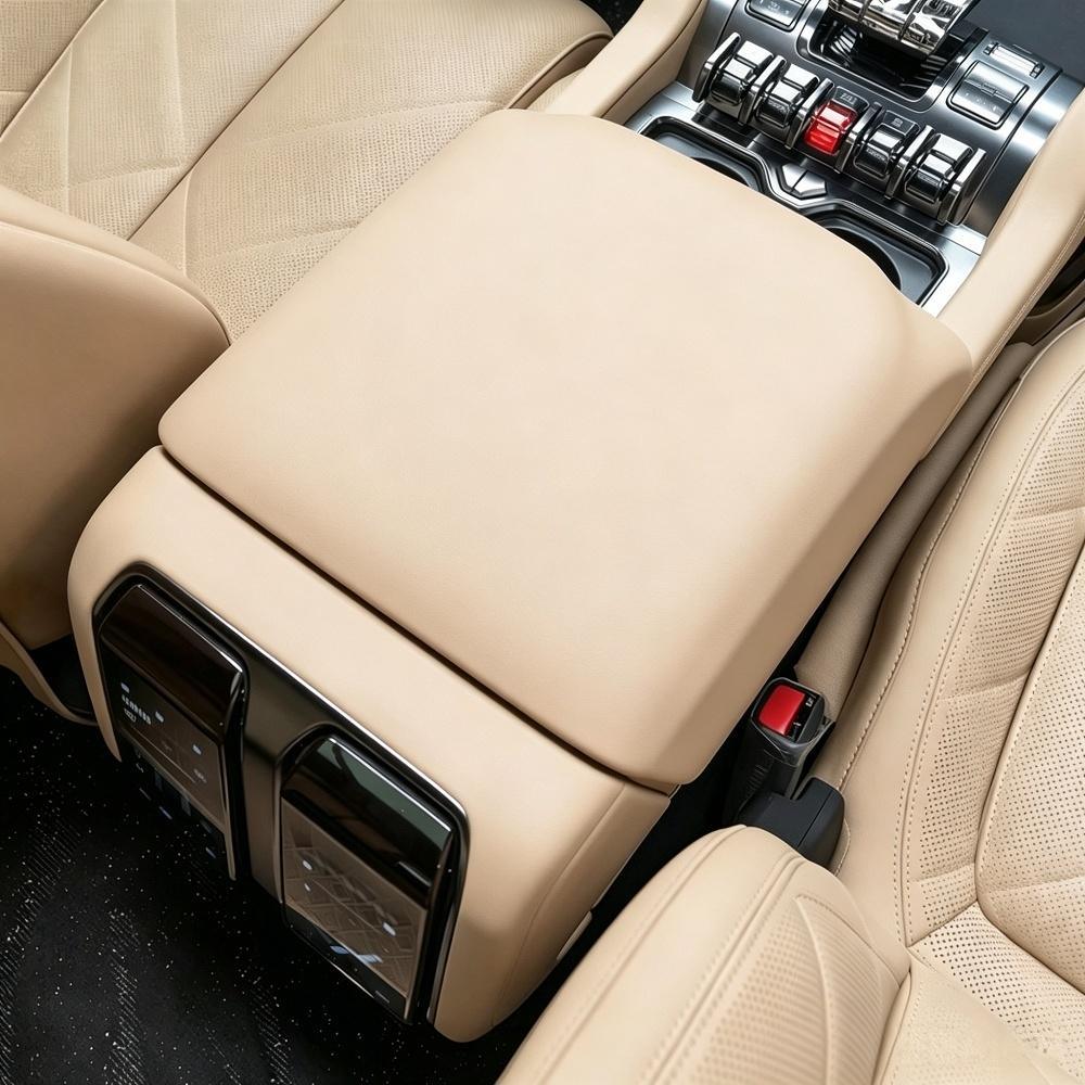 Premium beige leather center console armrest for BYD, featuring a soft-touch texture.