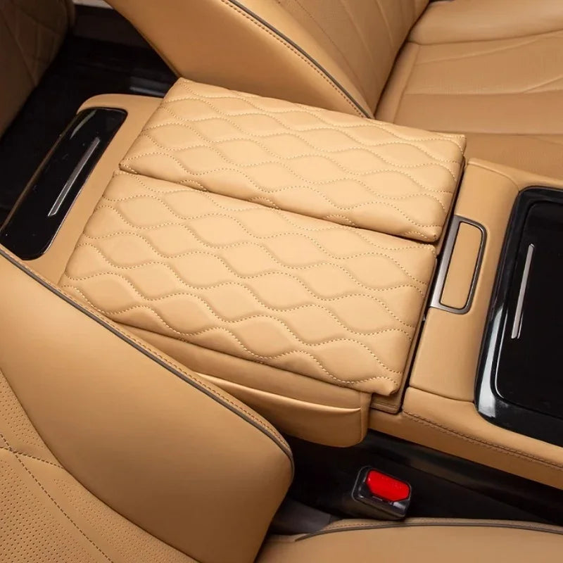 Tan quilted leather center console armrest cover for BYD car interior