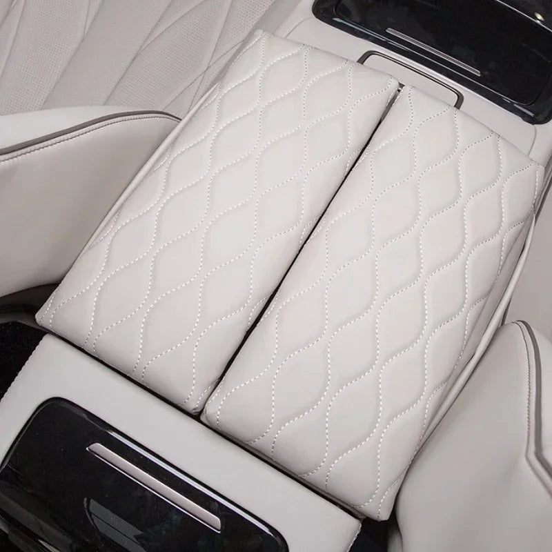 White diamond-stitched leather center console armrest cover for car interior